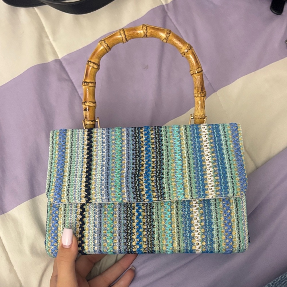 Elegant Striped Blue and Green Clutch with Bamboo Handle